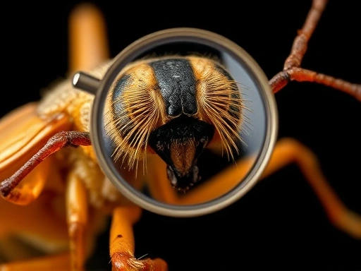 A close-up shot of an insect's exoskeleton, being carefully examined with a magnifying glass to check for any deformities or external parasites. Insect health examination, detailed view.