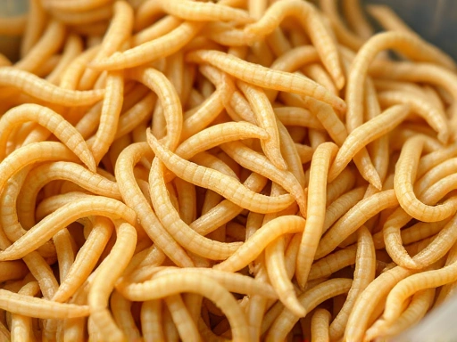 A detailed close-up shot of mealworms (Tenebrio molitor) in their breeding containers, showing their texture and quantity for commercial purposes.
