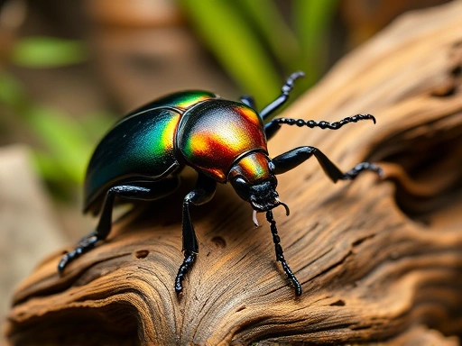A close-up shot of a magnificent, vibrant beetle resting on a piece of wood in a meticulously maintained and natural-looking terrarium, highlighting the beauty and rewards of insect keeping. Keywords: beetle, terrarium, insect hobby, close-up, natural habitat.