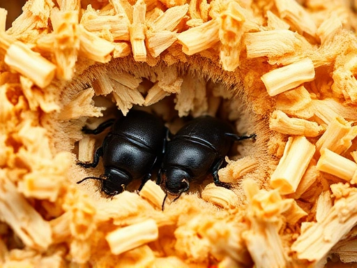 A close-up shot focusing on healthy, plump stag beetle larvae burrowing in fresh, high-quality fermented sawdust, illustrating ideal substrate conditions.