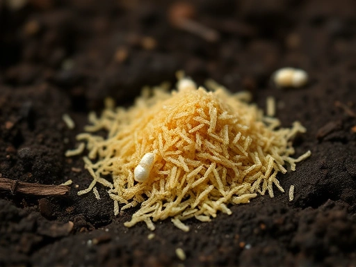 A close-up shot of a small pile of dry yeast on dark, moist soil substrate, with several tiny white collembola actively feeding on it, emphasizing their size and feeding behavior, with a shallow depth of field.