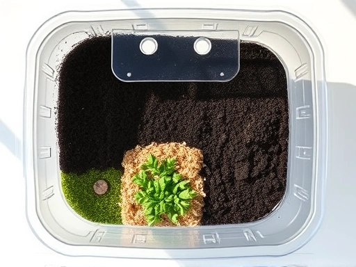 A detailed top-down view of a clear plastic container set up for collembola soil rearing, showing layers of coco coir, peat moss, and activated charcoal, with small ventilation holes in the lid, natural light from above, clean background, focus on substrate layers.