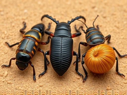 A detailed, clean shot of different beetle larvae types (Rhino beetle larva, Stag beetle larva, Flower beetle larva) side-by-side, on a light brown substrate, with clear visual distinctions for identification, showcasing their unique features and shapes. Studio lighting, macro photography style.