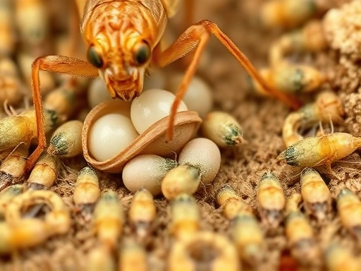 Close-up of cricket eggs laid in a moist substrate, with a female cricket depositing eggs using her ovipositor, and small newly hatched crickets nearby. Emphasize the delicate details of the breeding process and healthy offspring.