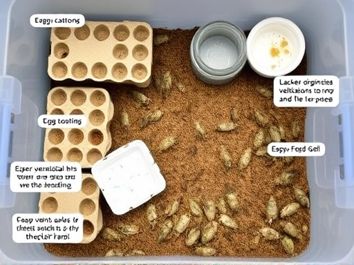 A detailed setup of a cricket farm, showing a large plastic container with egg cartons, food dishes, water gel, and several crickets visible. Focus on clear, organized elements, proper ventilation, and easy access for feeding.