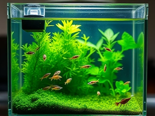 A clear glass tank setup for daphnia breeding, with green algae in the water, simple aeration, and tiny daphnia swimming. Focus on a well-maintained, thriving ecosystem, using keywords like daphnia breeding, live feed, crustacean. 