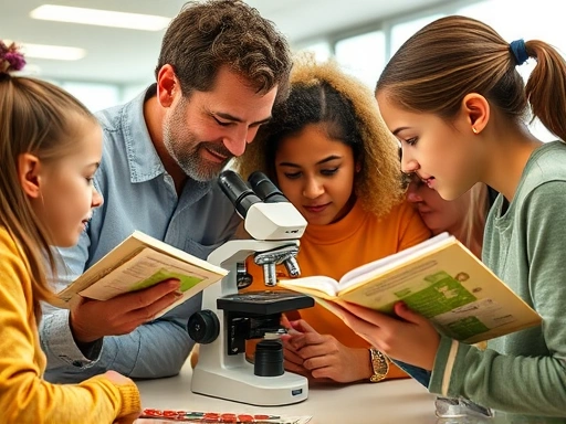 A close-up shot of a diverse group of students and a teacher, using a microscope and field guides to collaboratively examine an insect specimen in a bright, modern classroom, emphasizing hands-on learning and shared discovery.