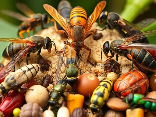 A diverse group of insects with various food sources in their natural habitat, showcasing their different feeding behaviors. Focus on a clear, illustrative scene with good lighting, highlighting the complexity of insect diets.