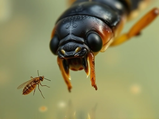 A close-up, detailed shot of a diving beetle larva's head, showing its distinctive sharp mandibles and segmented body, with a small aquatic insect (like a mosquito larva) nearby, highlighting its predatory nature in a clear water environment.