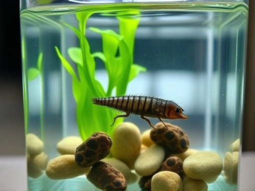 A transparent glass tank filled with clear water, containing a few small pebbles and green aquatic plants, with a diving beetle larva actively swimming inside, emphasizing a natural and educational observation setup for aquatic ecosystems.