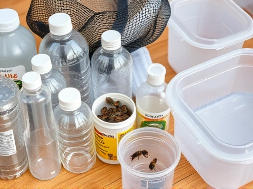 A close-up shot of various recycled materials suitable for DIY insect breeding containers, such as clear plastic bottles, mesh netting, and transparent food containers, arranged neatly on a wooden table, emphasizing sustainability and cost-effectiveness for hobbyists.