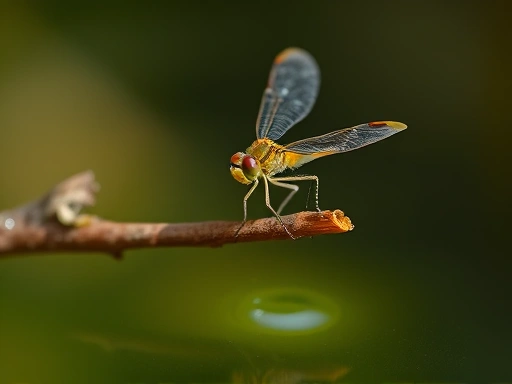 A close-up shot of a dragonfly nymph successfully emerging from the water onto a natural twig, wings slowly unfurling, with a clear focus on the delicate process, emphasizing the transformation.