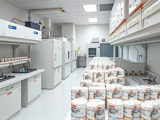 A meticulously clean laboratory environment for insect mass rearing, with controlled temperature and humidity chambers, scientific equipment, and neatly organized fly vials, focusing on pest control research.