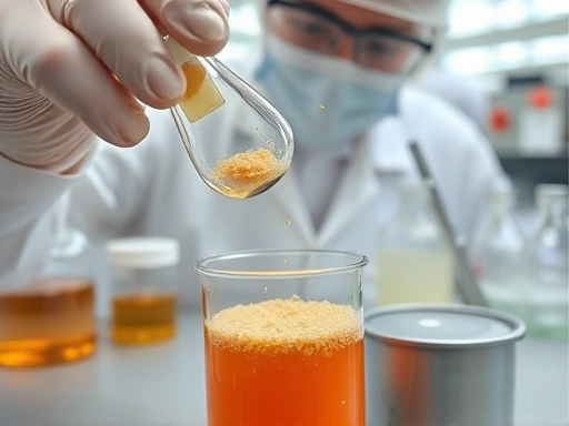 Close-up of a scientist preparing drosophila suzukii rearing media in a sterile laboratory, showing precise measurement of ingredients like yeast and cornmeal, with various lab tools and containers.
