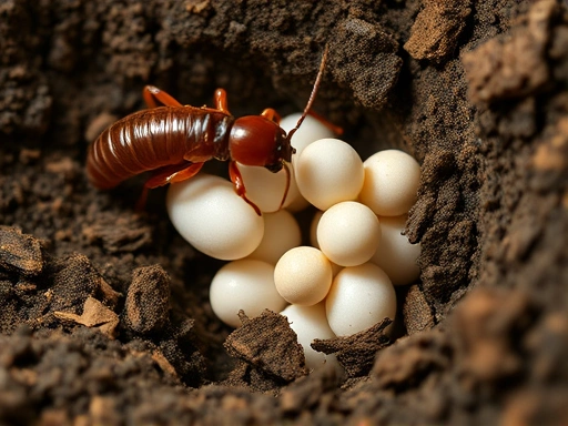 A macro shot detailing a female earwig tending to a cluster of small, white eggs, highlighting her maternal care within a humid, soil-based breeding chamber.