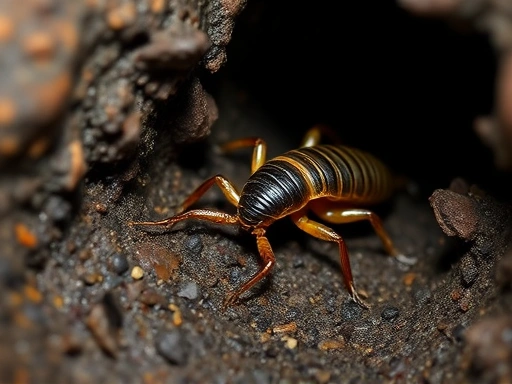 A close-up view of an earwig in a dark, moist habitat, showcasing its unique cerci and segmented body, with substrate and small hiding places around it.