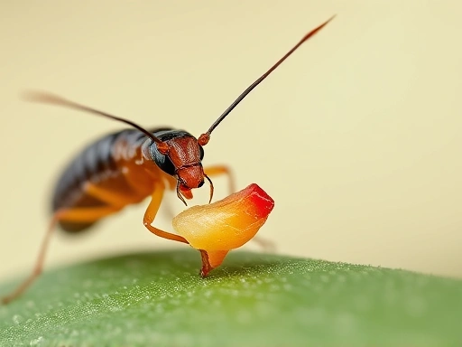 A close-up side profile of an earwig carefully eating a tiny piece of fruit, showing its antennae and distinctive cerci (pincers). The background is blurred to keep focus on the insect. Include keywords: earwig, feeding, omnivorous, insect, diet.