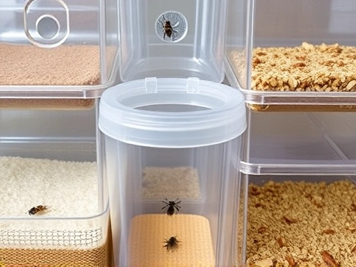 Close-up of various DIY insect enclosures made from clear recycled plastic containers, showing ventilation holes and simple, natural substrates like coco fiber, highlighting practical cost-saving for insect care.
