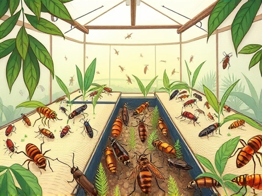 A detailed illustration showing a well-maintained insect breeding environment with various insects thriving, emphasizing ethical practices and clean conditions, natural light, and green elements, high-angle view, SEO: insect ethics, breeding, welfare, environment.