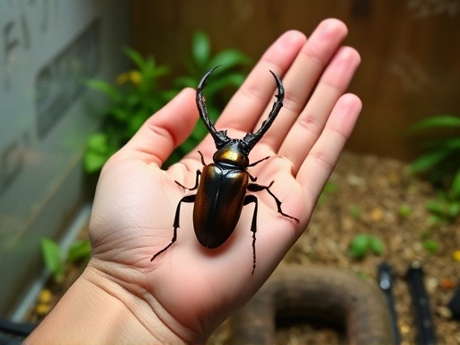 A detailed and caring hand interacting gently with a healthy, vibrant insect (e.g., a stag beetle) in a clean, naturalistic enclosure, emphasizing ethical insect keeping and responsible management practices.
