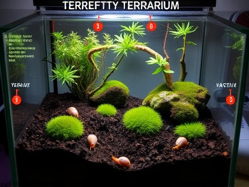 A detailed terrarium setup for firefly breeding, showing the ideal habitat with damp soil, moss, and small snails, under soft, dim light for observation.