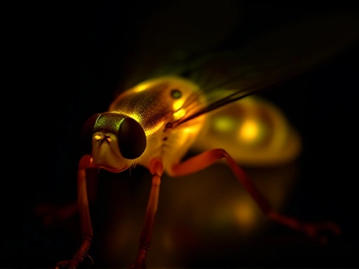 Close-up of a glowing adult firefly, showcasing its bioluminescence organ in the dark, with a subtle light trail, emphasizing the beauty of its natural light.