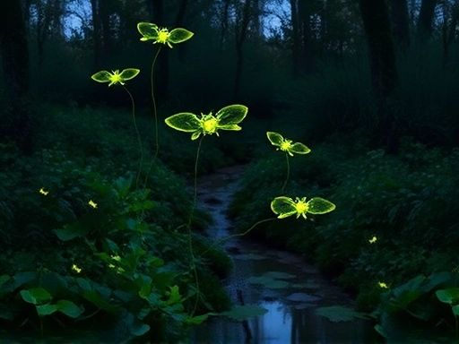 A serene, natural habitat for fireflies at dusk, with soft glowing lights, lush green foliage, a small stream, and subtle hints of an untouched environment, symbolizing successful ecological restoration for fireflies.