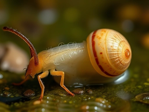 A close-up, detailed shot of a firefly larva (Lucidcola orientalis) meticulously feeding on a small snail in a natural, moist environment, highlighting the intricate details of its anatomy and feeding behavior.