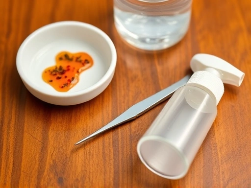 A detailed view of essential insect keeping tools: small feeding dish with insect jelly, a precision tweezer, and a clean spray bottle on a wooden table, emphasizing their practical use. Keywords: insect keeping tools, feeding dish, tweezer, spray bottle.