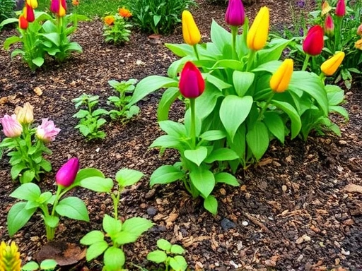 A vibrant garden bed enriched with nutrient-rich flower chafer larvae frass (insect castings), highlighting the benefits of this organic fertilizer for plant growth.
