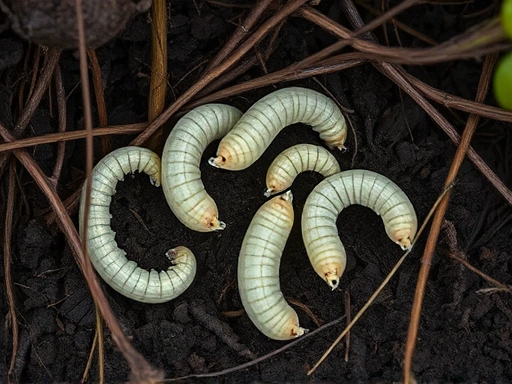 A detailed top-down view of ghost moth larvae burrowing through rich, dark soil among plant roots, with some larger larvae visible, illustrating their underground habitat for large size. Focus on organic textures and natural light.