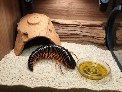 A well-maintained terrarium for a giant centipede, showing substrate, cork bark hide, and a small water dish, emphasizing responsible exotic pet care.