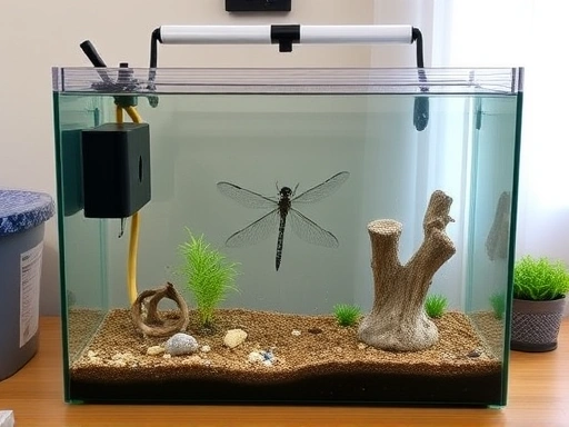 A well-maintained home aquarium setup specifically designed for rearing giant dragonfly nymphs, featuring a clear tank, suitable substrate, and natural hiding spots for the aquatic insect.