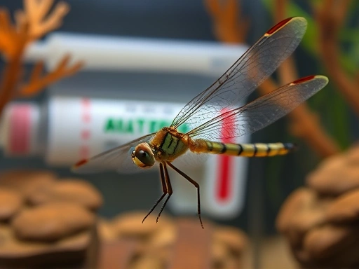 A close-up shot of a giant dragonfly nymph (larva) in an aquarium, with a water quality test kit visible in the background, emphasizing careful observation and water management for its health.