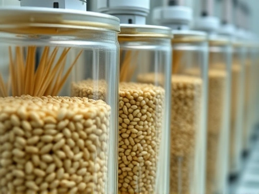 Close-up of a controlled laboratory environment for grain storage experiment, featuring sealed containers with wheat grains, temperature/humidity sensors, and a few Rhyzopertha dominica weevils, highlighting precision and scientific rigor.