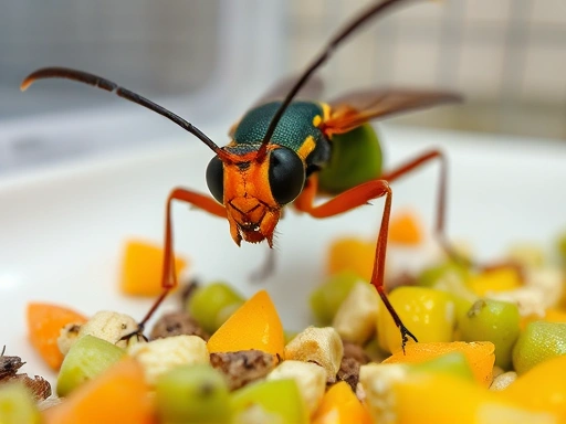 Close-up view of a vibrant, healthy insect feeding on fresh, appropriate food within a clean, well-maintained enclosure, emphasizing attention to detail in care and nutrition for enhanced survival.