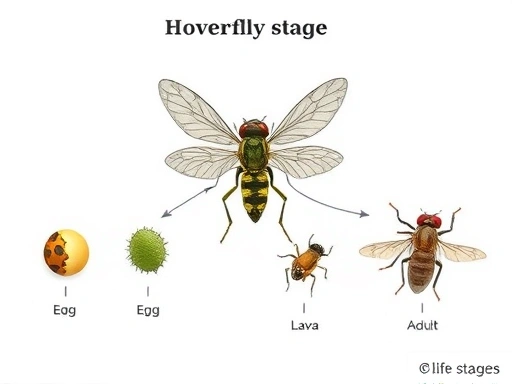 A detailed diagram illustrating the four life stages of a hoverfly: egg, larva, pupa, and adult, with clear labels and arrows, emphasizing scientific accuracy for an entomology blog, showing the delicate nature of the hoverfly life cycle.
