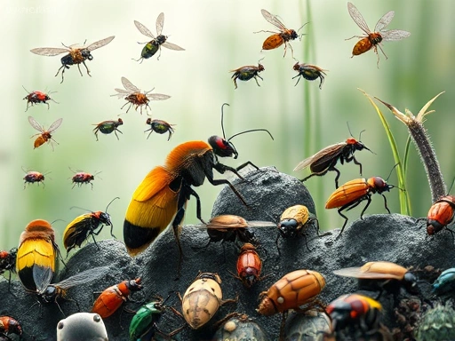 A vibrant scene of various insects struggling to adapt to rapidly changing environmental conditions, showing stress and decline, with a subtle blend of natural and abstract elements.