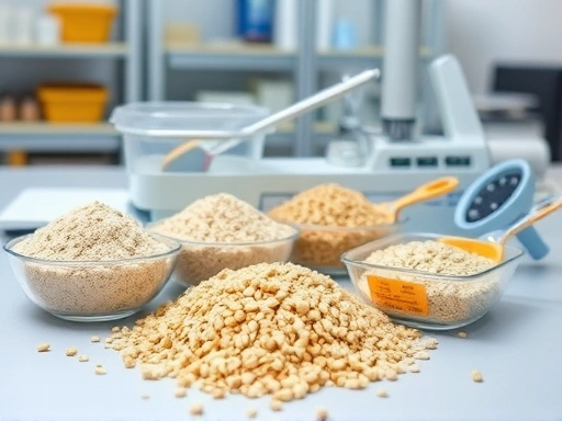 A detailed scene of various dry ingredients like wheat bran, corn flour, and soybean meal being prepared for insect feed, with measuring tools and a clean processing area in a well-lit, organized laboratory setting. Focus on ingredients and tools. Clean background, professional setup.