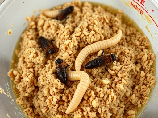 A close-up shot of a small bowl containing a perfectly mixed, moist artificial insect feed. Show the texture and consistency of the feed, perhaps with a few mealworms or black soldier fly larvae starting to consume it. Focus on the feed and the insects interacting with it.