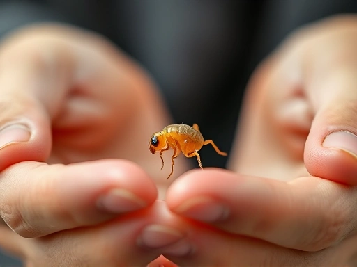 Close-up of hands gently handling a small insect, possibly a mealworm or beetle larva, with a focus on safe and proper care, illustrating responsible insect breeding.