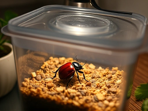 A cozy insect breeding setup with a transparent container, natural substrate, and a happy beetle, illuminated by soft indoor lighting, showing a beginner-friendly approach.
