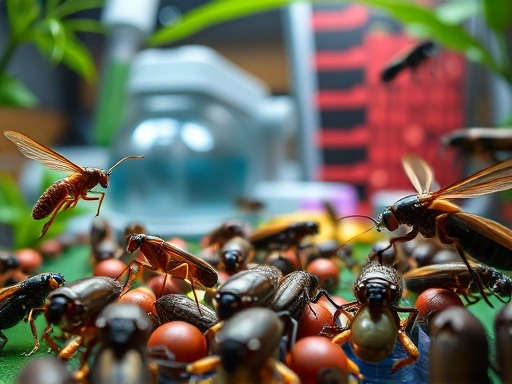 A close-up shot of various insects in a vibrant, naturalistic terrarium, showcasing their diverse life stages and feeding habits, with subtle biological laboratory equipment in the background, professional lighting.