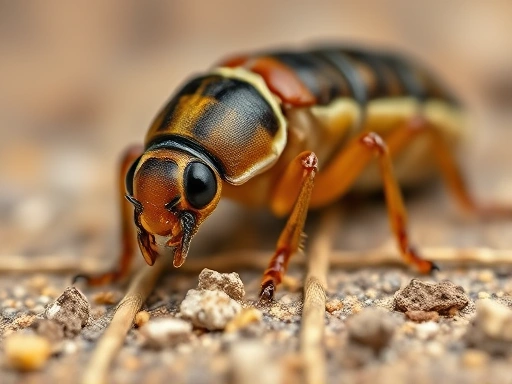 Detailed macro shot of a beetle larva feeding on a substrate, showing its intricate segmented body and mandibles, emphasizing biological growth and nutrition, with shallow depth of field.