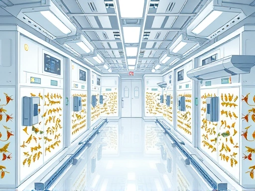 A detailed illustration of a high-tech insect breeding facility with various biosecurity measures visible, like airlocks and sealed environments. Focus on cleanliness and control, with insects thriving in transparent enclosures. Bright, sterile environment.