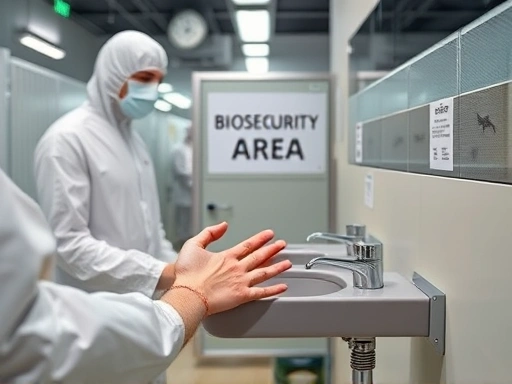 A close-up shot of a meticulous hand-washing station at the entrance of an insect breeding facility, with a clear sign for 'Biosecurity Area' in the background, emphasizing hygiene and control. Focus on human interaction with sterile procedures.