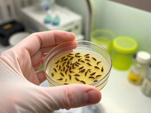 Close-up of a scientist's hand holding a petri dish with healthy, fast-growing insect larvae, possibly mealworms or black soldier flies, under controlled environmental conditions in a lab, with genetic research equipment visible in the background.