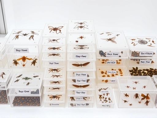 A diverse collection of various transparent insect breeding boxes of different sizes, including small, medium, and large, neatly arranged on a clean white surface with natural light, focusing on the variety of options for insect care.