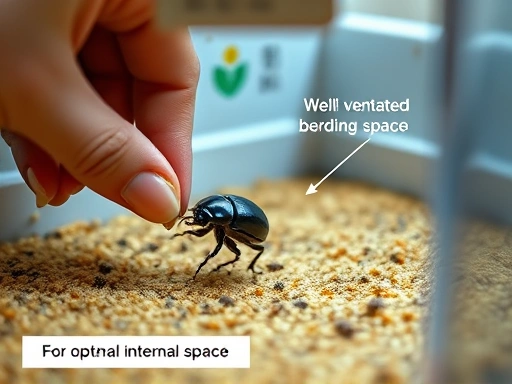 Close-up view of a hand carefully placing a beetle into a well-ventilated insect breeding box, highlighting the optimal internal space and the texture of the substrate, with keywords like beetle, breeding box, and optimal space visible.