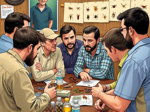 A diverse group of people, representing various insect breeding hobbyists, engaged in a heated discussion but with a mediator trying to calm the situation in a community forum setting, detailed, clear, with vibrant colors.